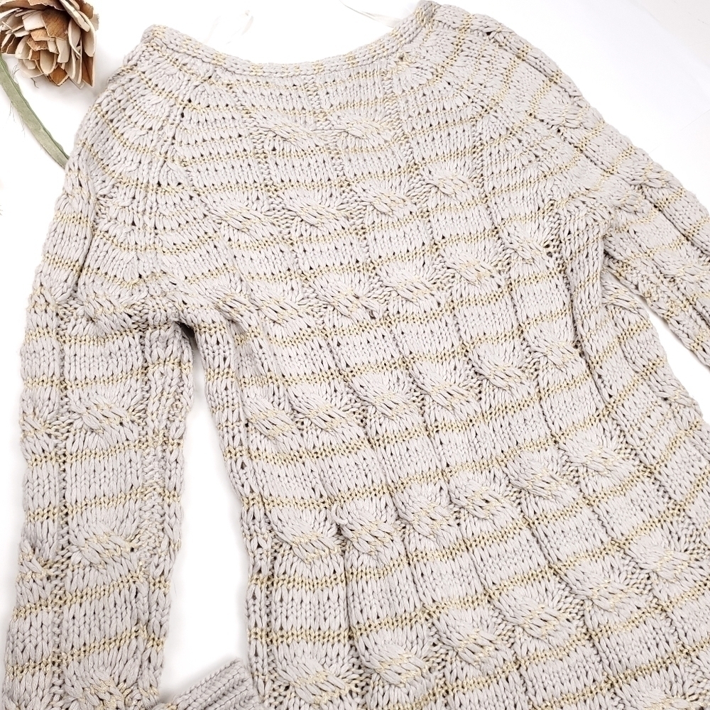 Karlie Tan Gold Striped Cable Knit Long Sweater Sz S - Picture 14 of 16
